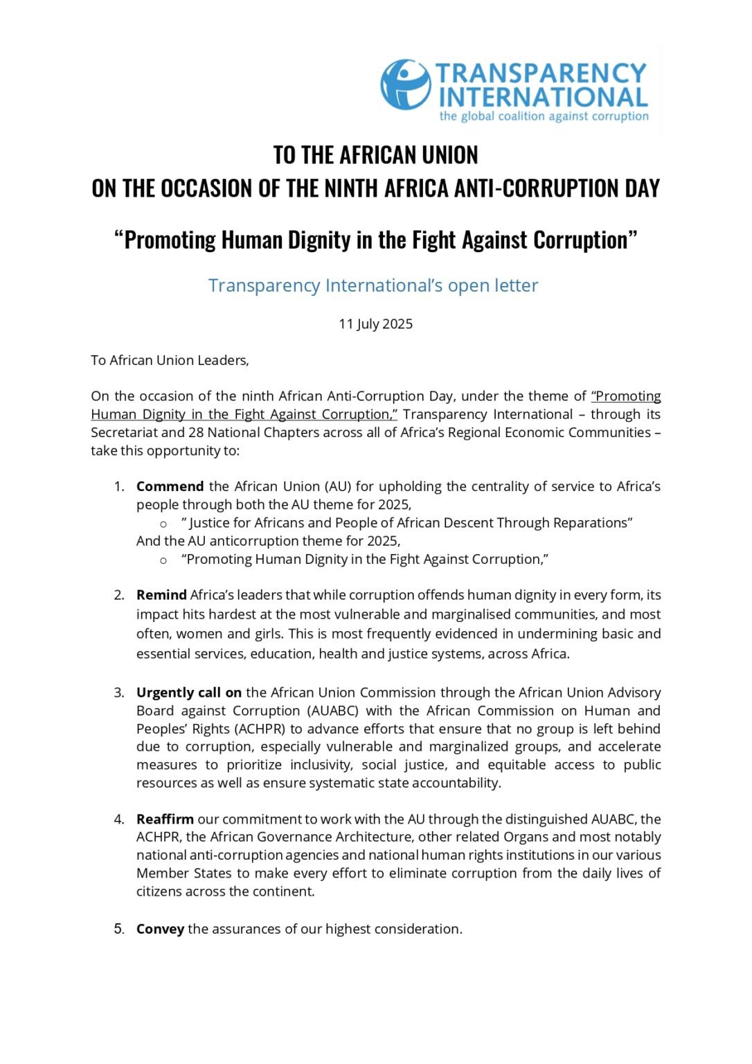 Transparency International yasabye Umuryango wa Afurika Yunze Ubumwe kongera imbaraga mu kurwanya ruswa isenya agaciro k’umuntu
